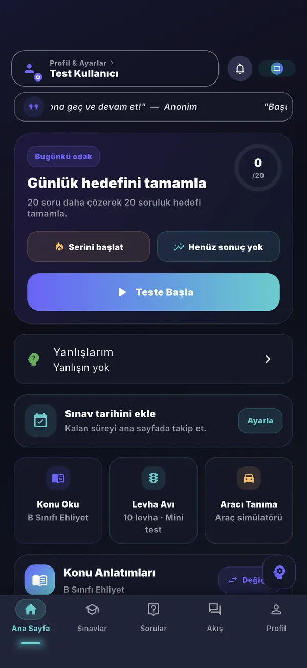 Ehliyet Yolu ana sayfa: günlük hedef ve hızlı test